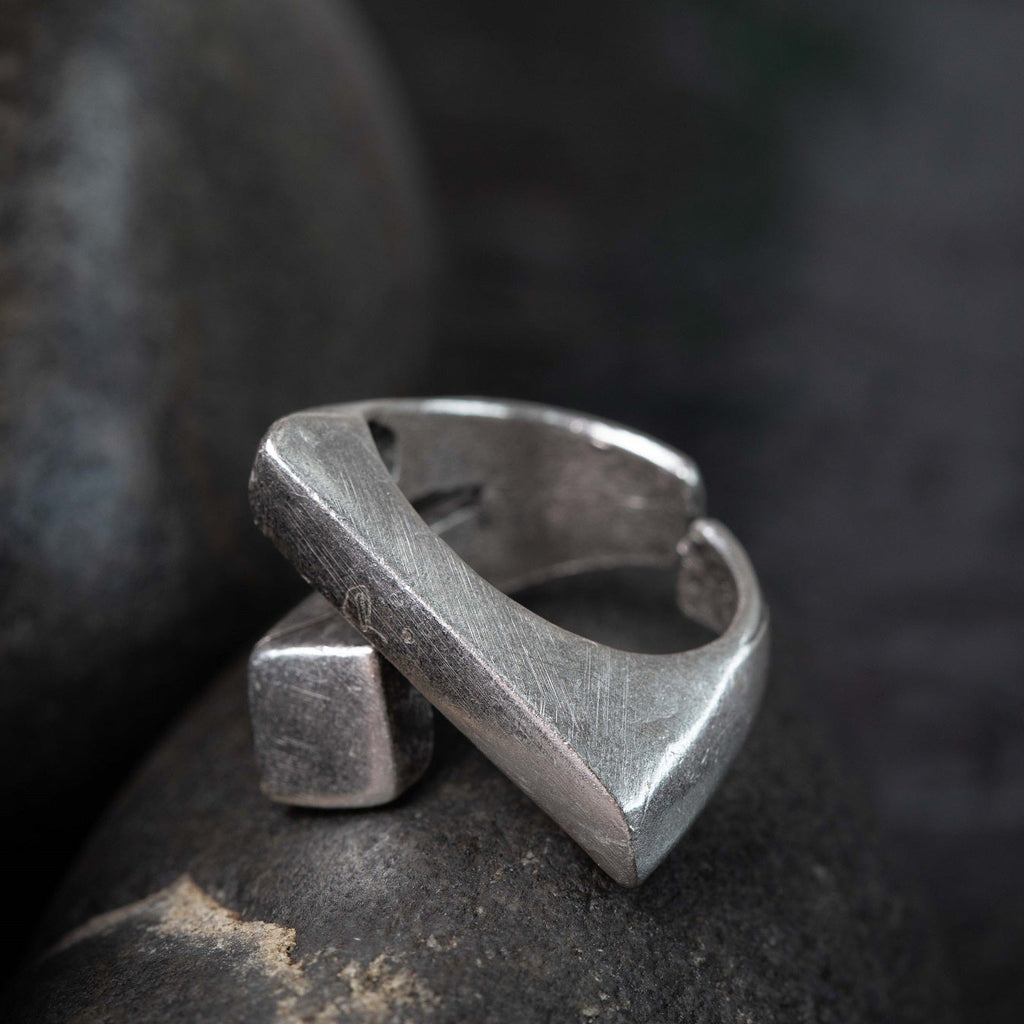 Modernist sculptural ring, brutalist geometric adjustable silver wearable art