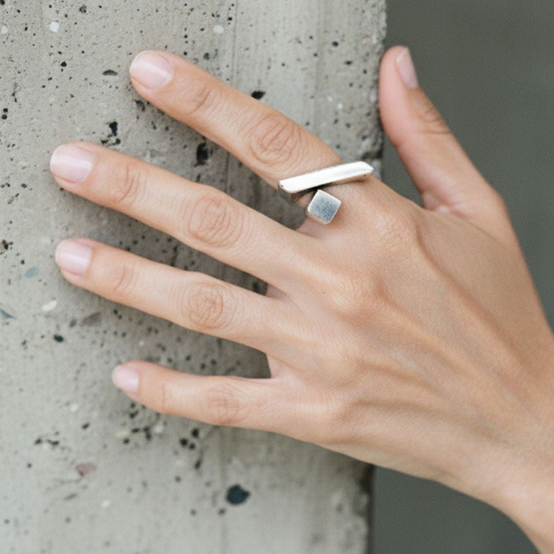 Modernist sculptural ring, brutalist geometric adjustable silver wearable art