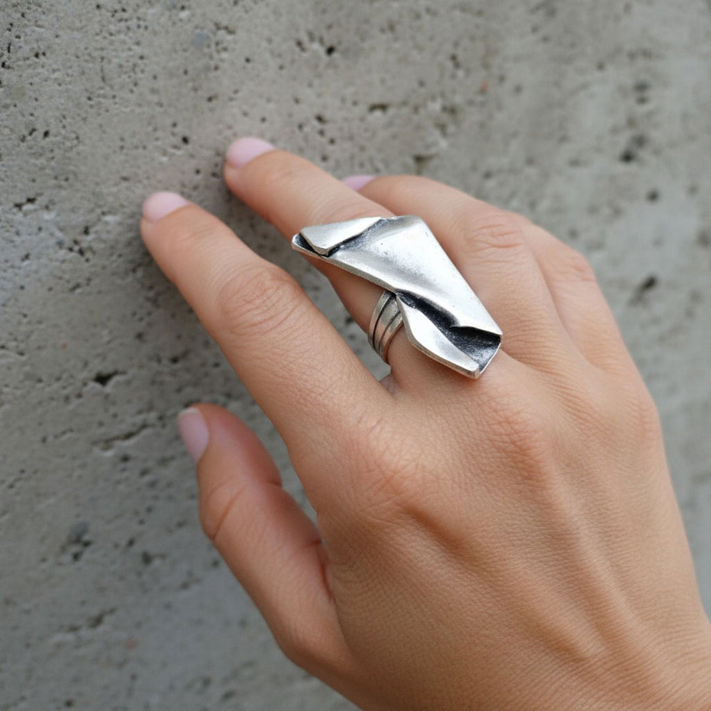 Brutalist statement ring, sculptural folded metal adjustable wearable art ring