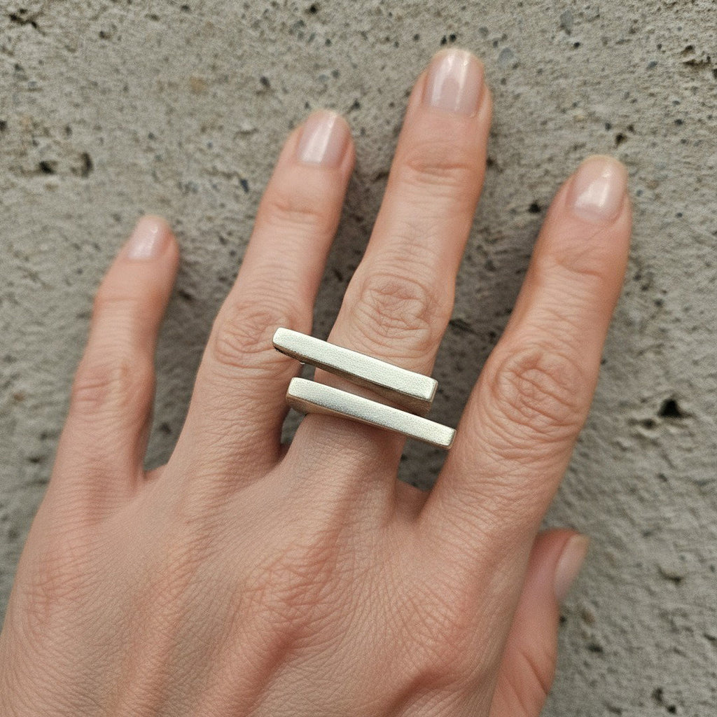 Double bar ring, parallel lines minimalist brutalist sculptural statement
