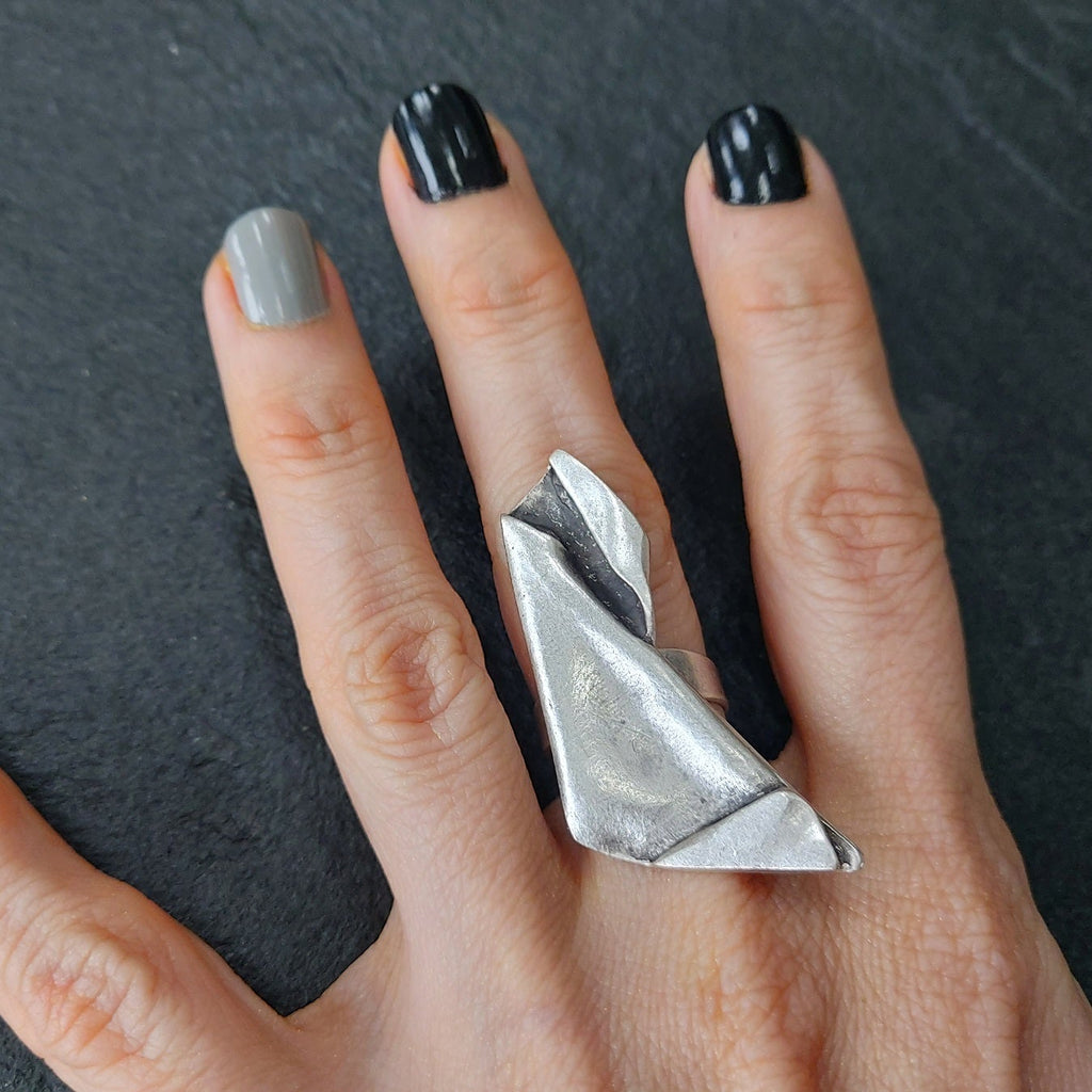 Brutalist statement ring, sculptural folded metal adjustable wearable art ring
