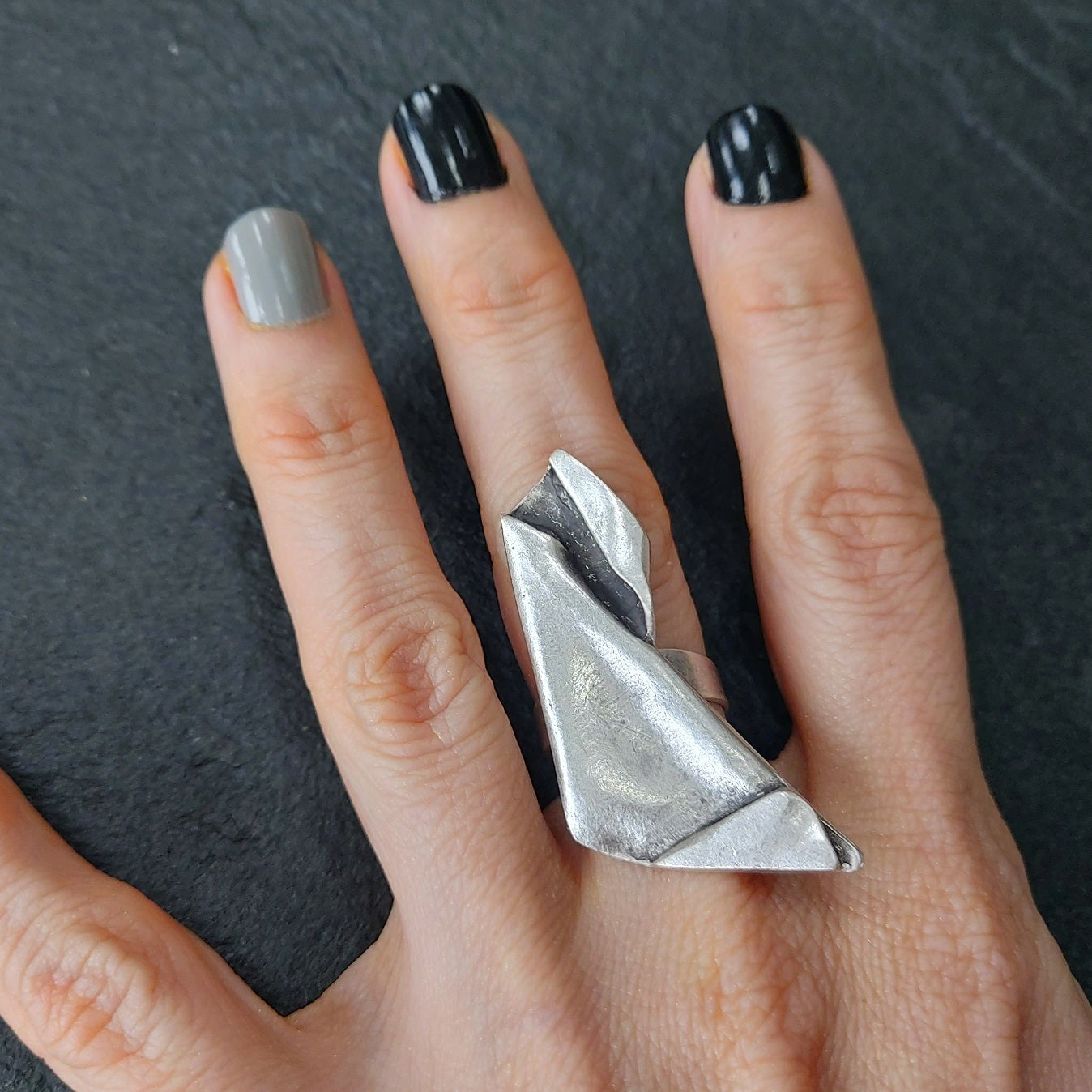 Brutalist statement ring, sculptural folded metal adjustable wearable art ring