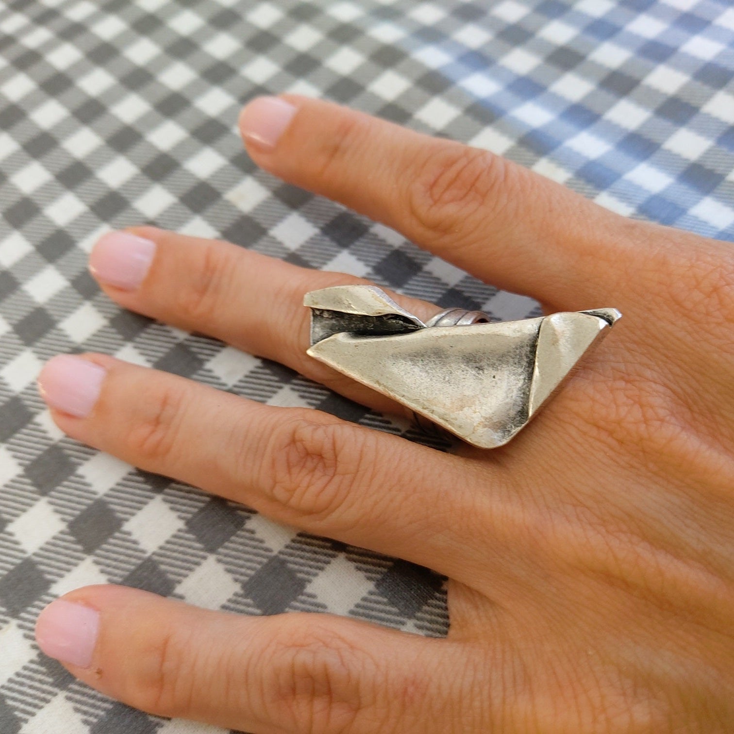Brutalist statement ring, sculptural folded metal adjustable wearable art ring