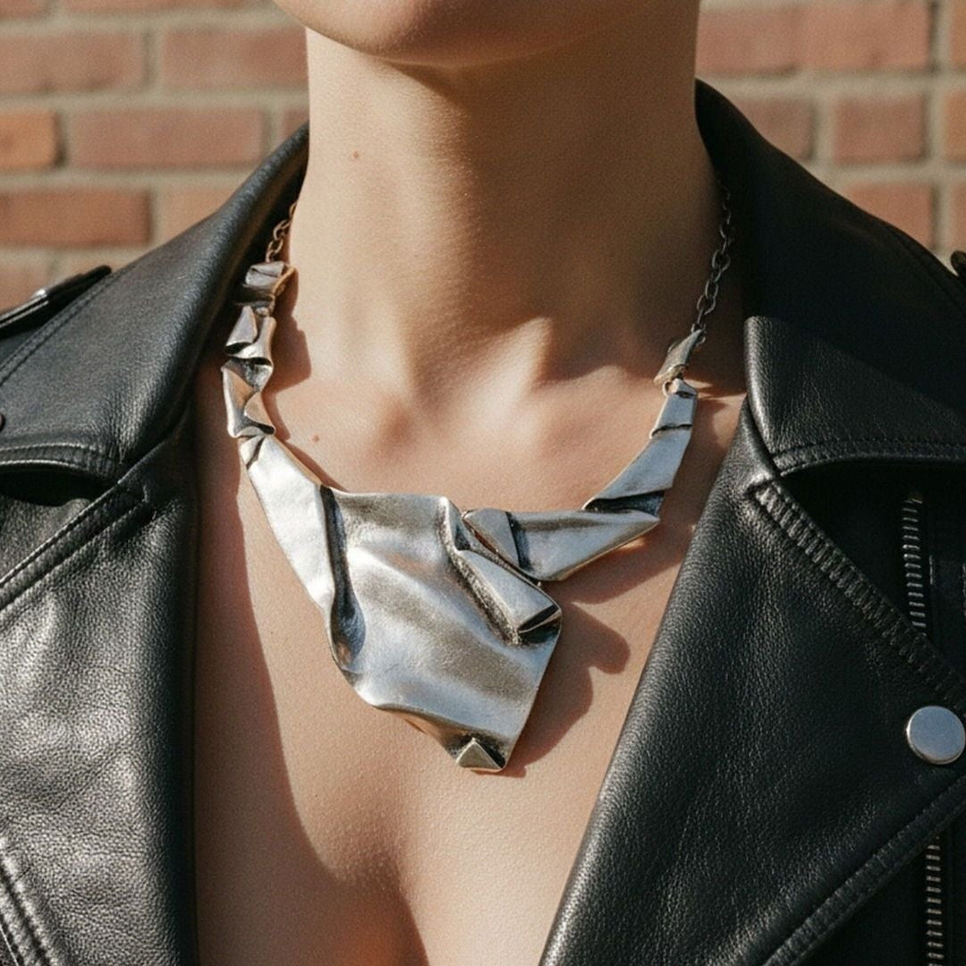 Brutalist folded necklace, sculptural pendant avant garde wearable art