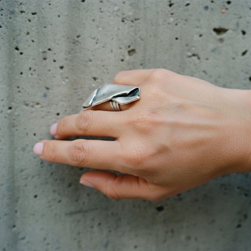 Brutalist statement ring, sculptural folded metal adjustable wearable art ring