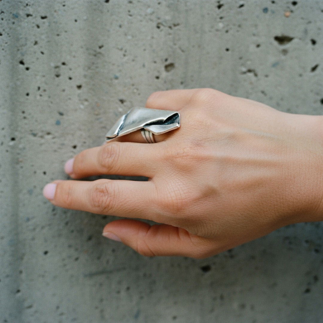 Brutalist statement ring, sculptural folded metal adjustable wearable art ring
