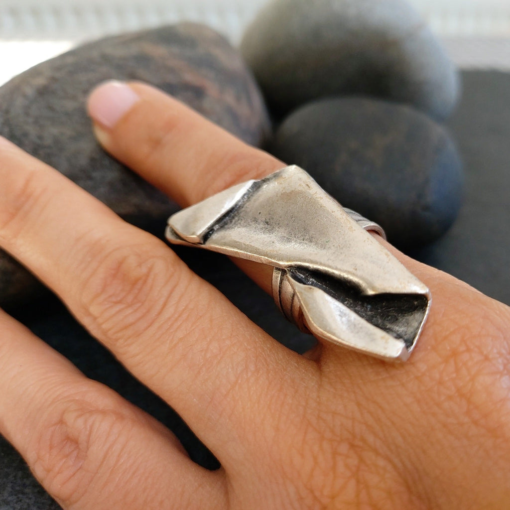 Brutalist statement ring, sculptural folded metal adjustable wearable art ring