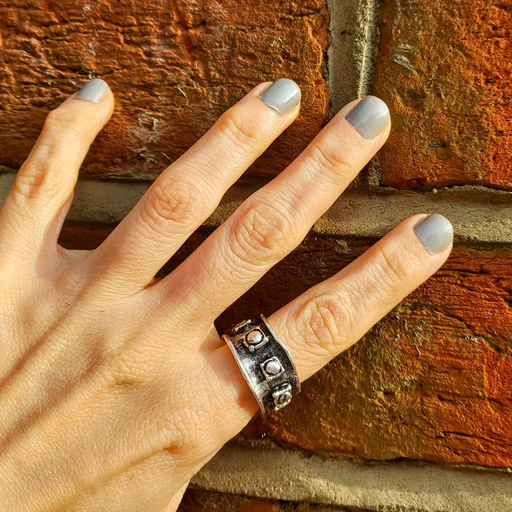 Silver shield ring, raw engraved medieval band adjustable chunky brutalist ring