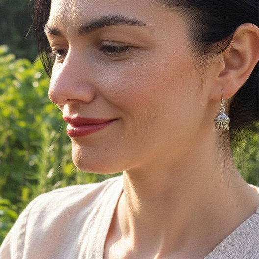 Silver buddha head earrings, spiritual mindfulness yoga dangle