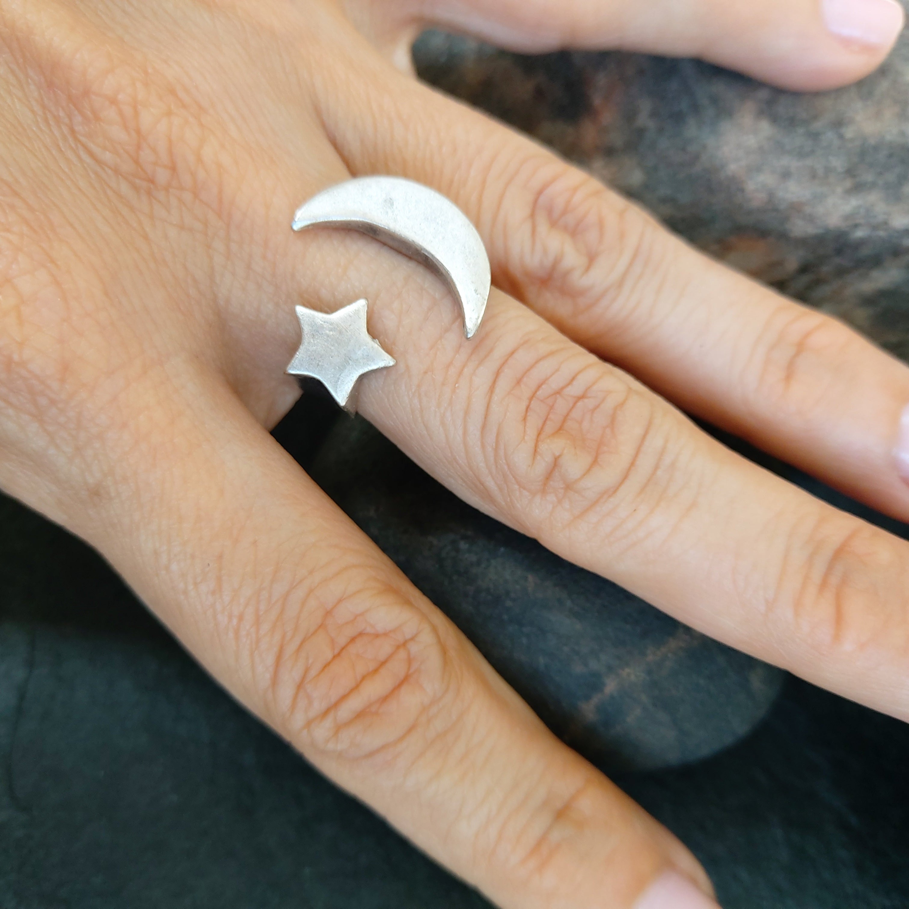Moon and Star Ring | Adjustable Silver Celestial Open Band | Boho Cosmic Statement