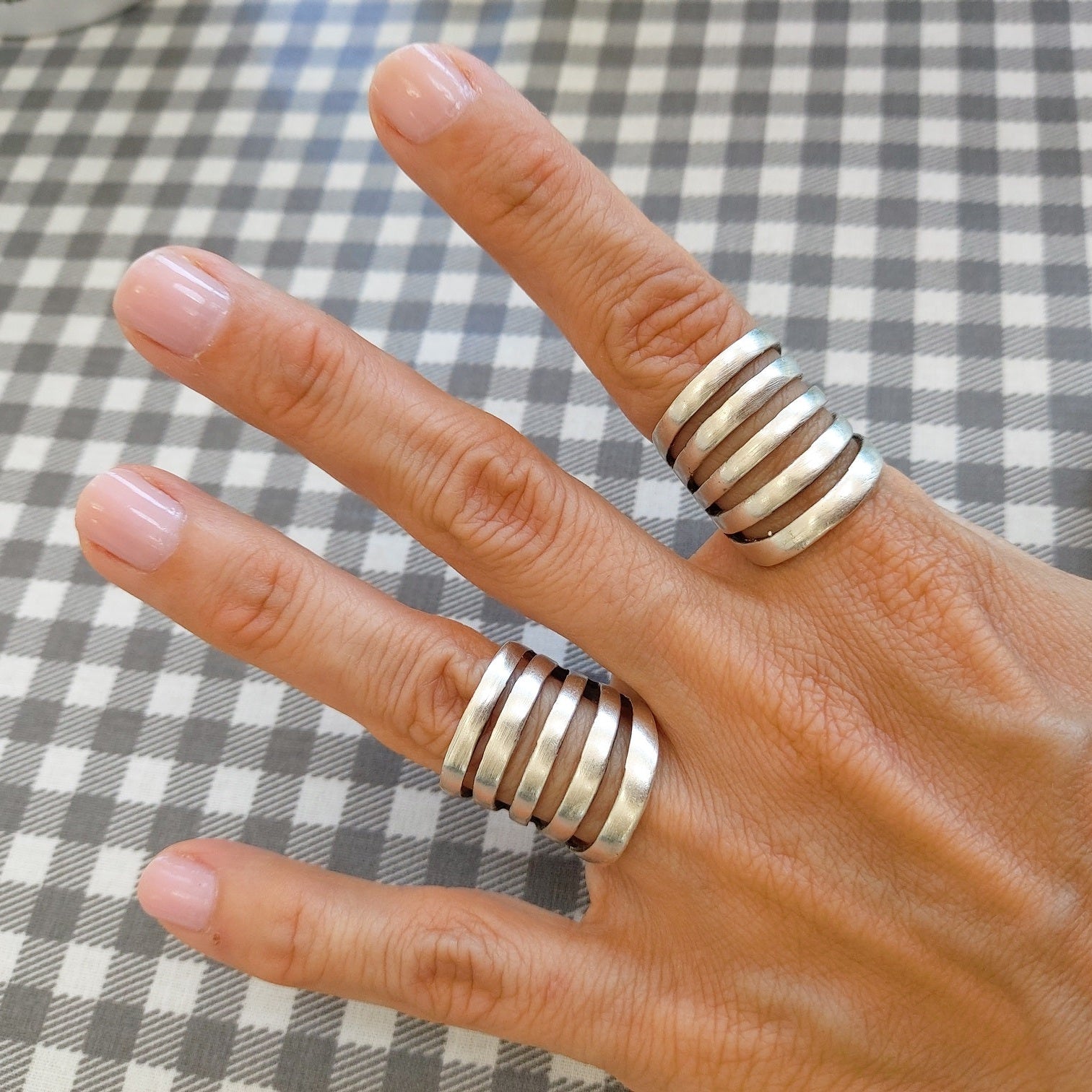 Chunky wide band ring, multi line minimalist brutalist sculptural statement
