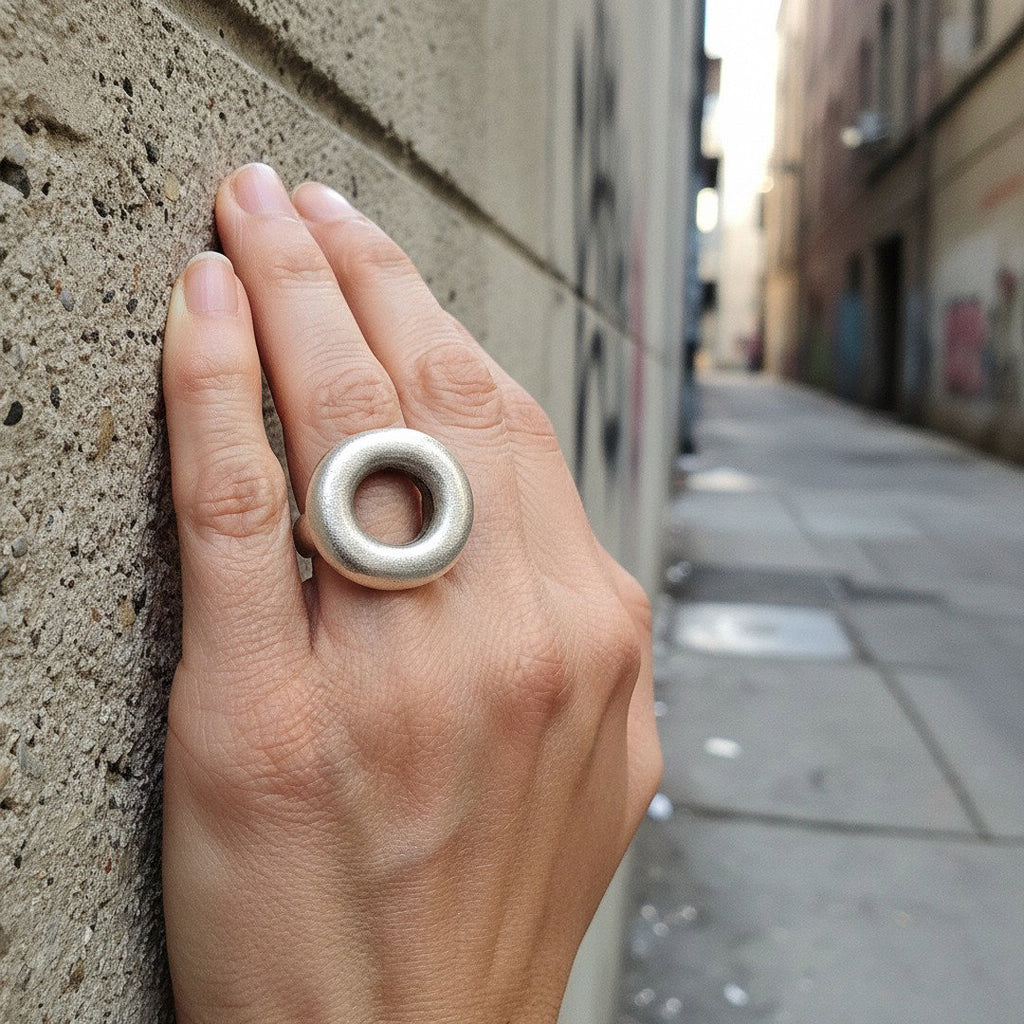 Chunky circle ring, bold geometric open minimalist brutalist statement ring