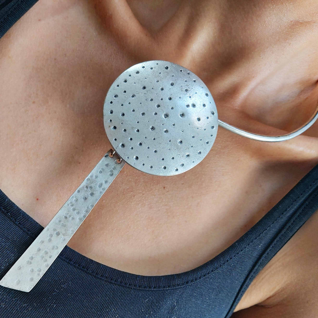Silver disc bar necklace, dotted textured pendant brutalist choker