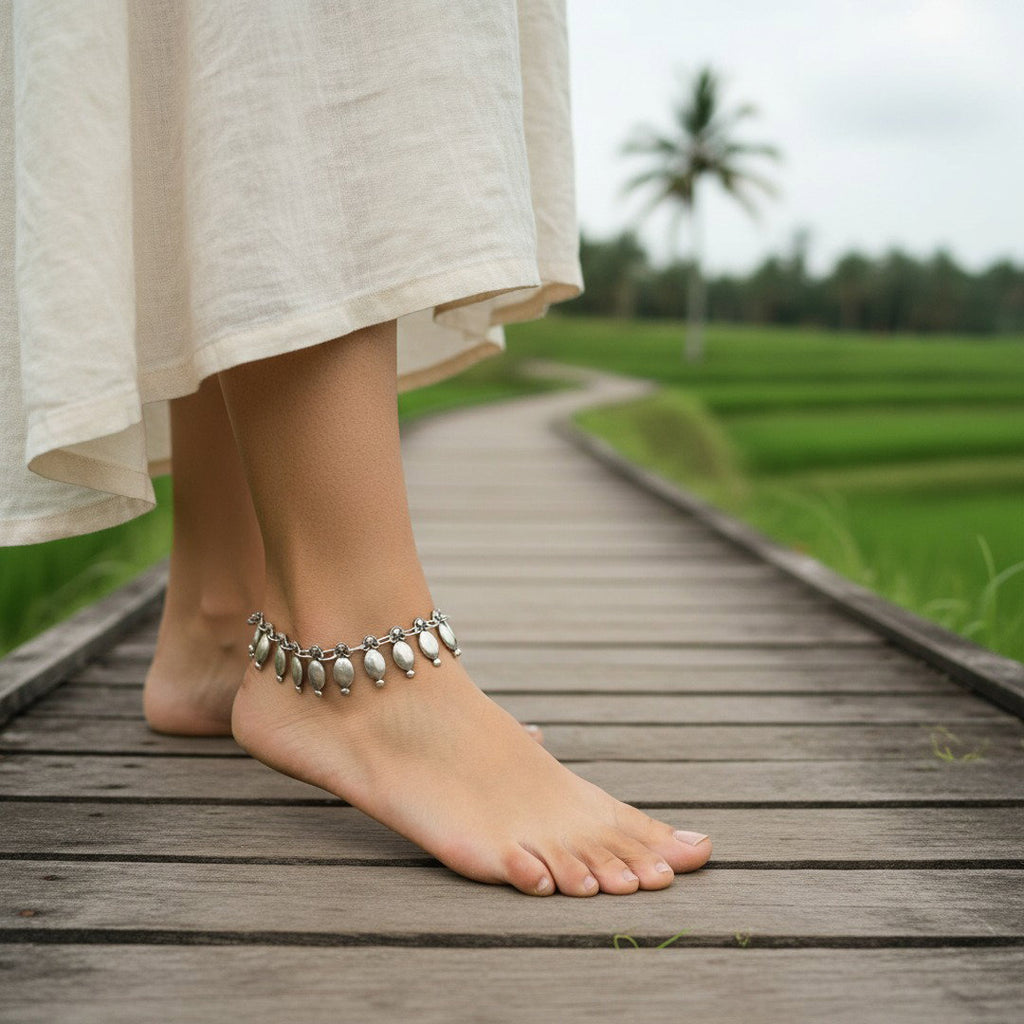 Silver oval charm anklet, boho dangle foot jewellery