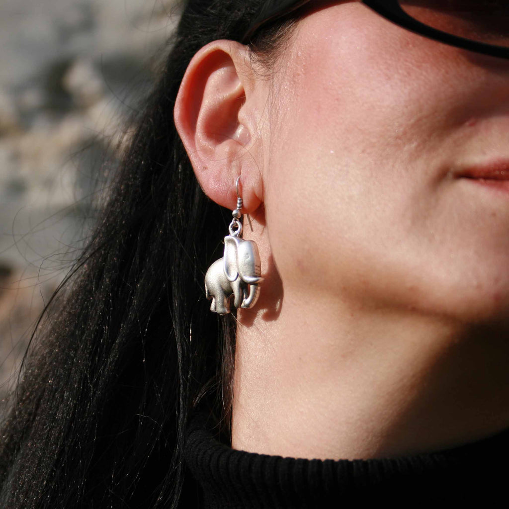Silver elephant earrings, tribal animal charm boho spiritual dangle