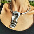 Brutalist greek face necklace, sculptural abstract modernist collar pendant