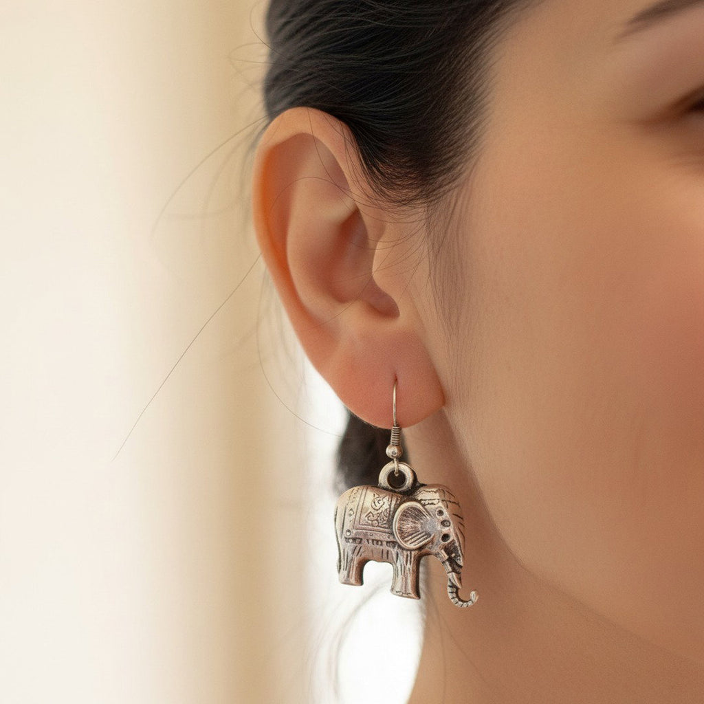 Silver elephant earrings, boho spiritual animal dangle