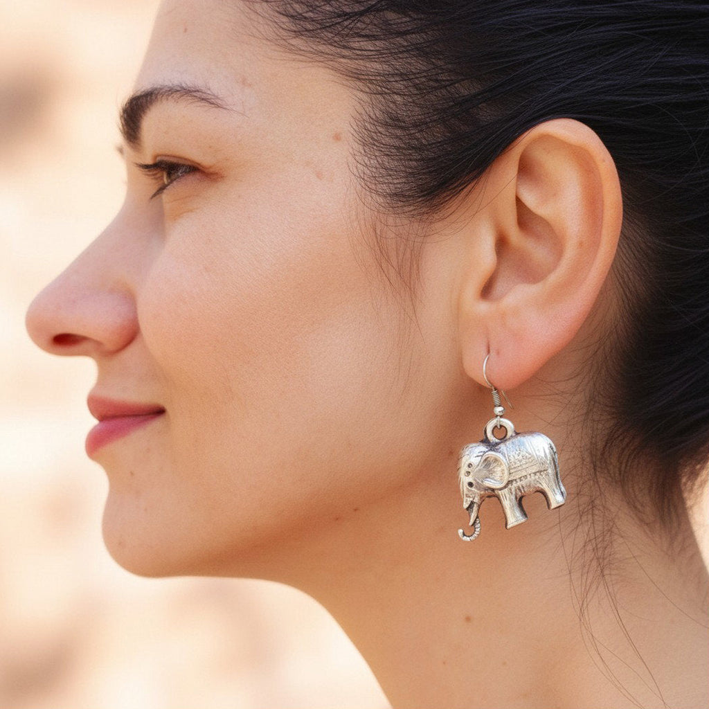 Silver elephant earrings, boho spiritual animal dangle