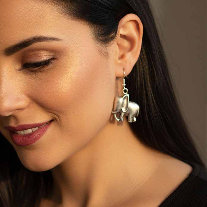 Silver elephant earrings, tribal animal charm boho spiritual dangle