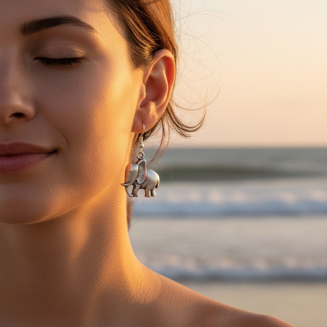 Silver elephant earrings, tribal animal charm boho spiritual dangle