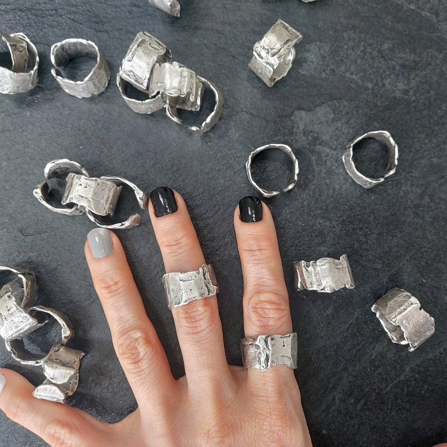 Brutalist ring, raw textured artisan band adjustable silver modernist statement