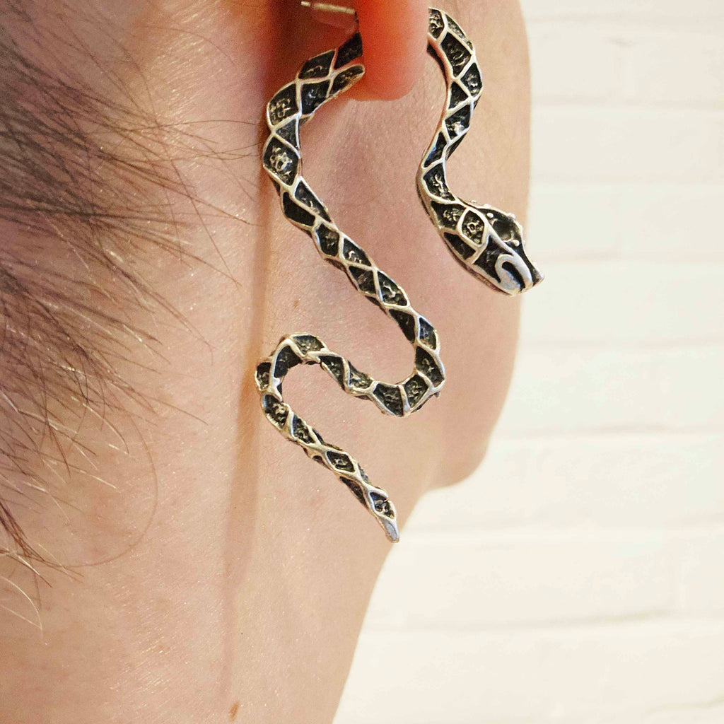 Snake ear climber earrings, gothic serpent front back studs grunge punk statement