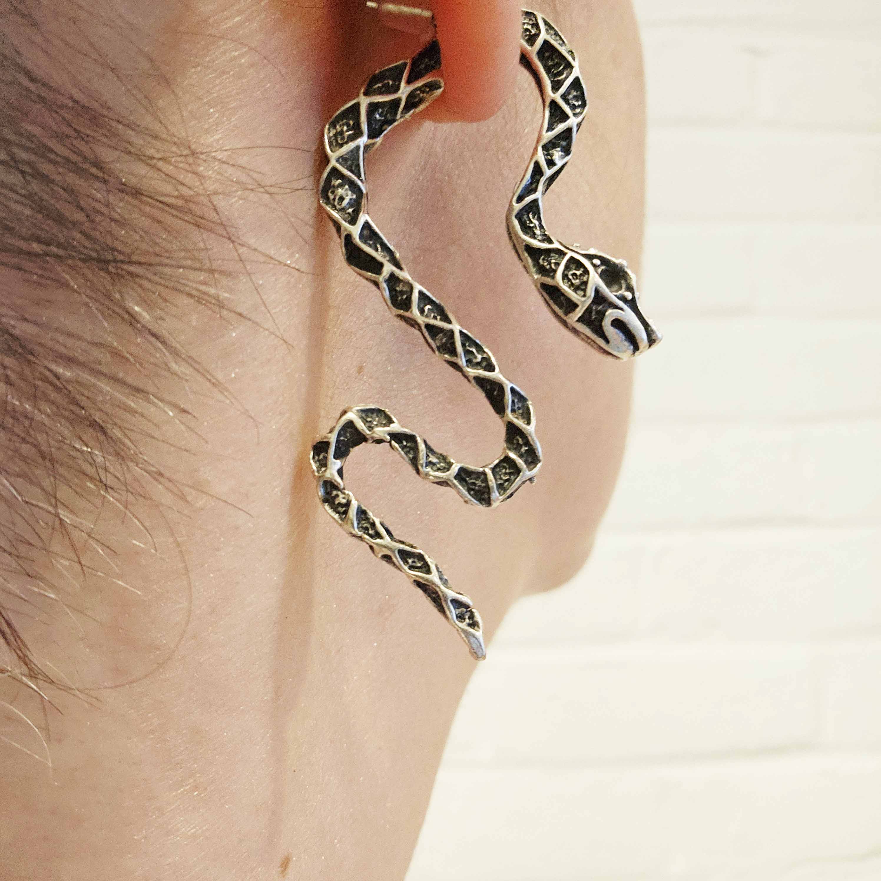 Snake ear climber earrings, gothic serpent front back studs grunge punk statement