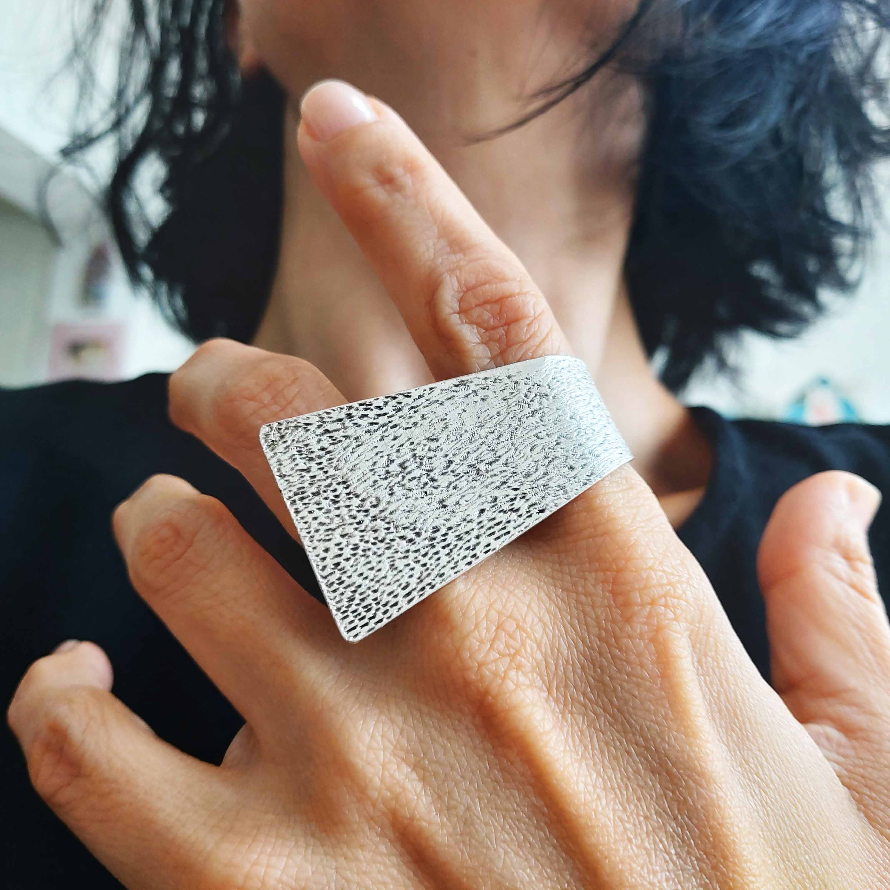 Wide hammered silver ring, brutalist geometric chunky textured statement band