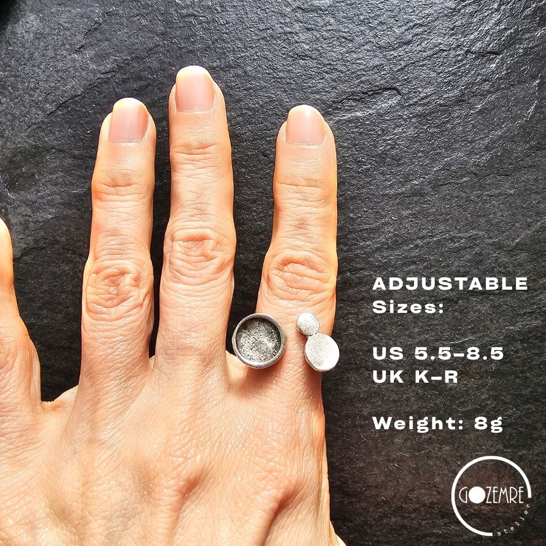 Asymmetric circle ring, moon disc brutalist adjustable silver wearable art