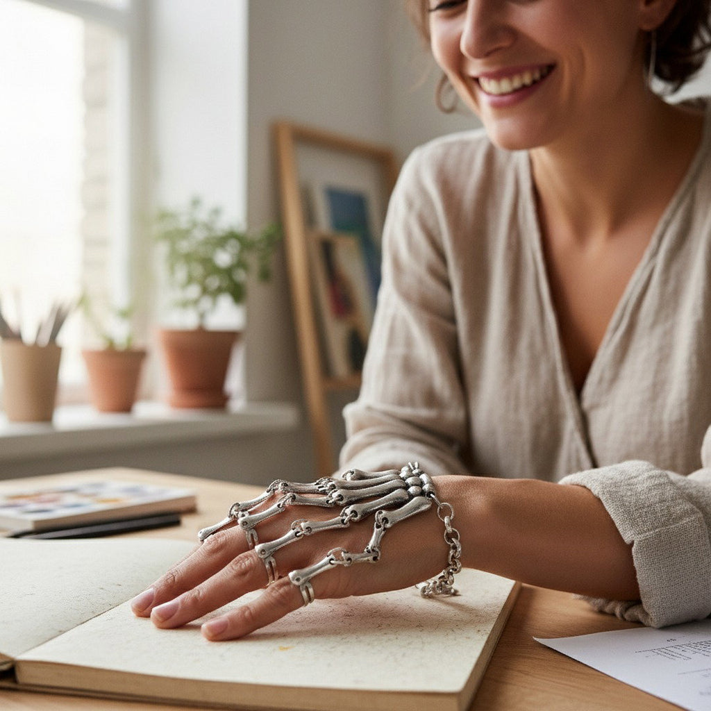 Silver skeleton hand chain bracelet, gothic adjustable statement jewellery