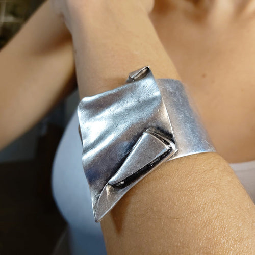 Brutalist chunky wide folded silver sculptural statement cuff bracelet