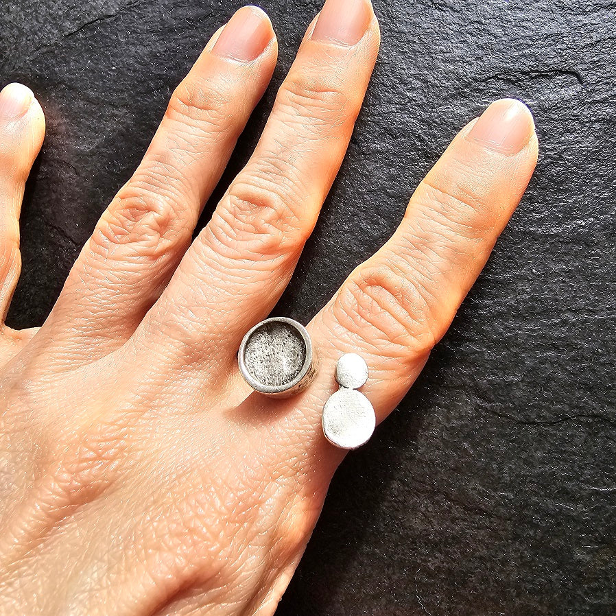 Asymmetric circle ring, moon disc brutalist adjustable silver wearable art