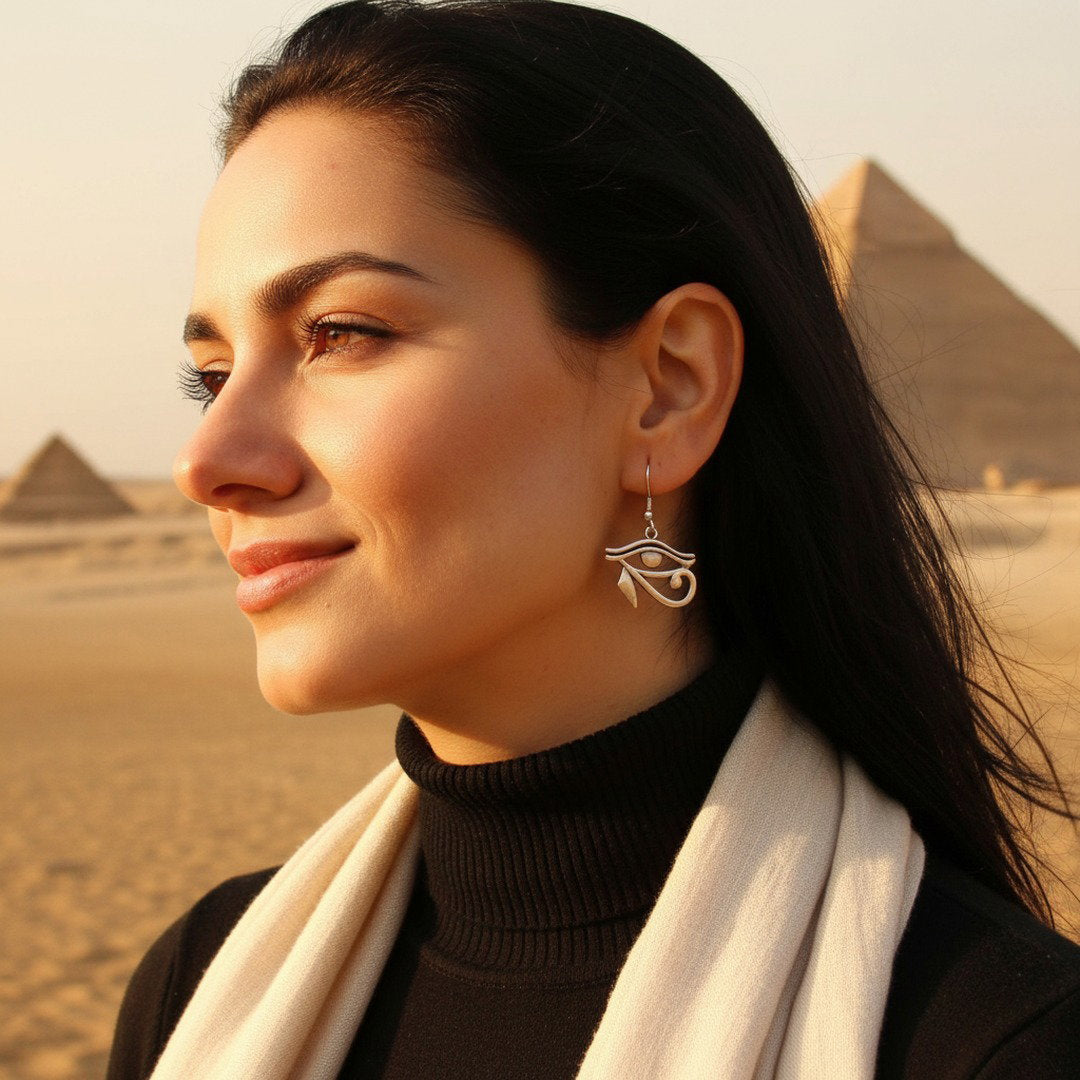 Silver eye of horus earrings, egyptian protection symbol dangle