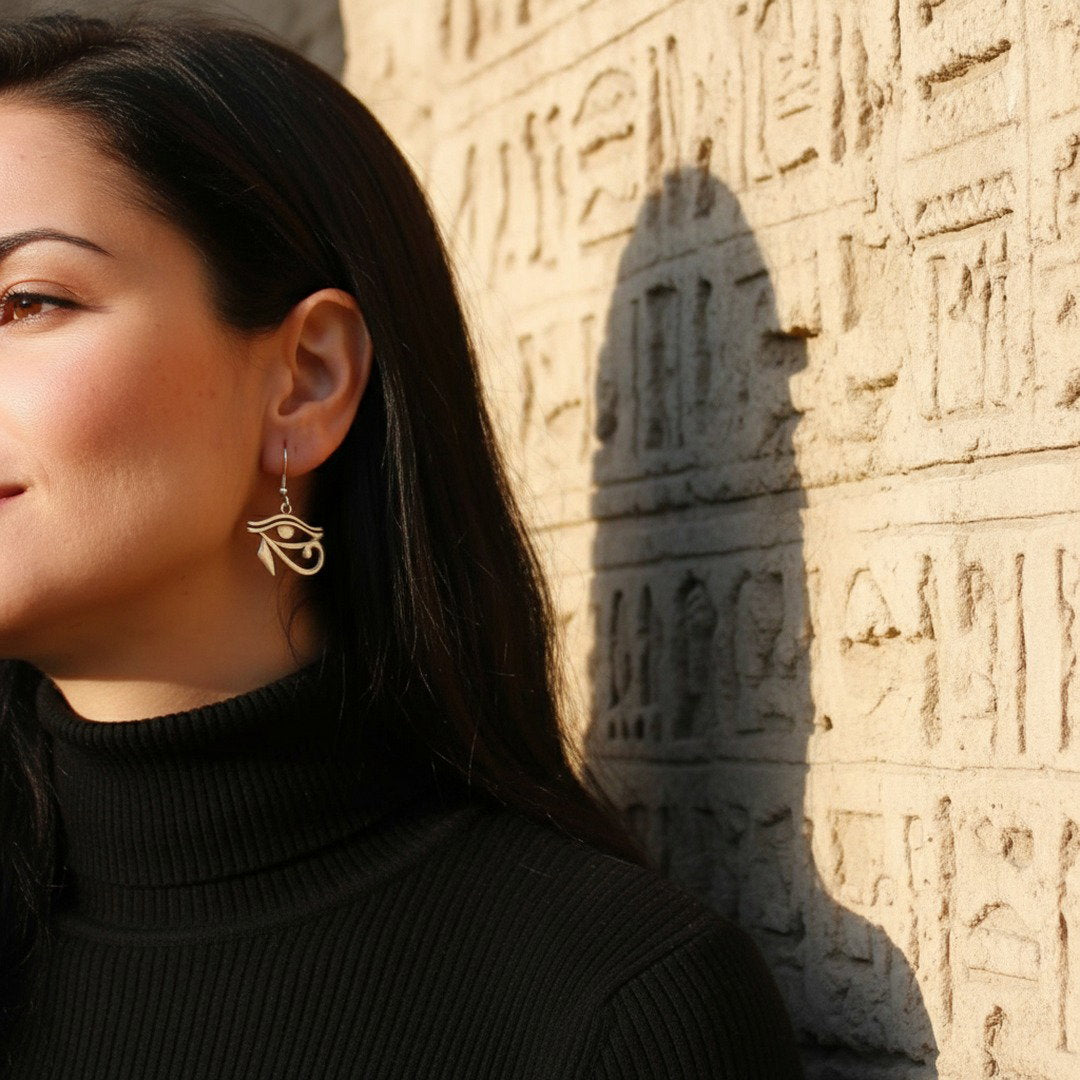 Silver eye of horus earrings, egyptian protection symbol dangle