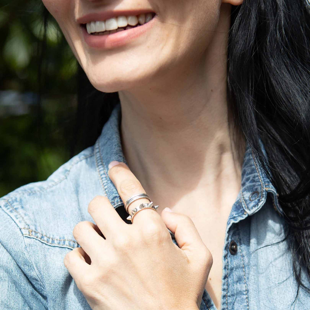 Silver ridged wide band ring, medieval warrior brutalist statement ring
