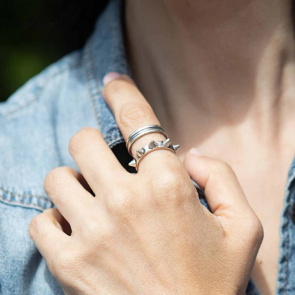 Silver ridged wide band ring, medieval warrior brutalist statement ring