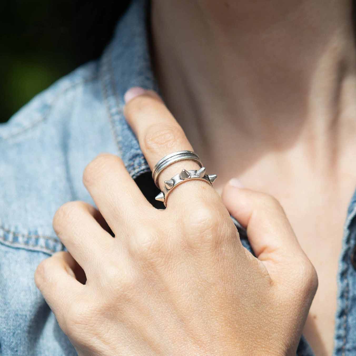Silver ridged wide band ring, medieval warrior brutalist statement ring