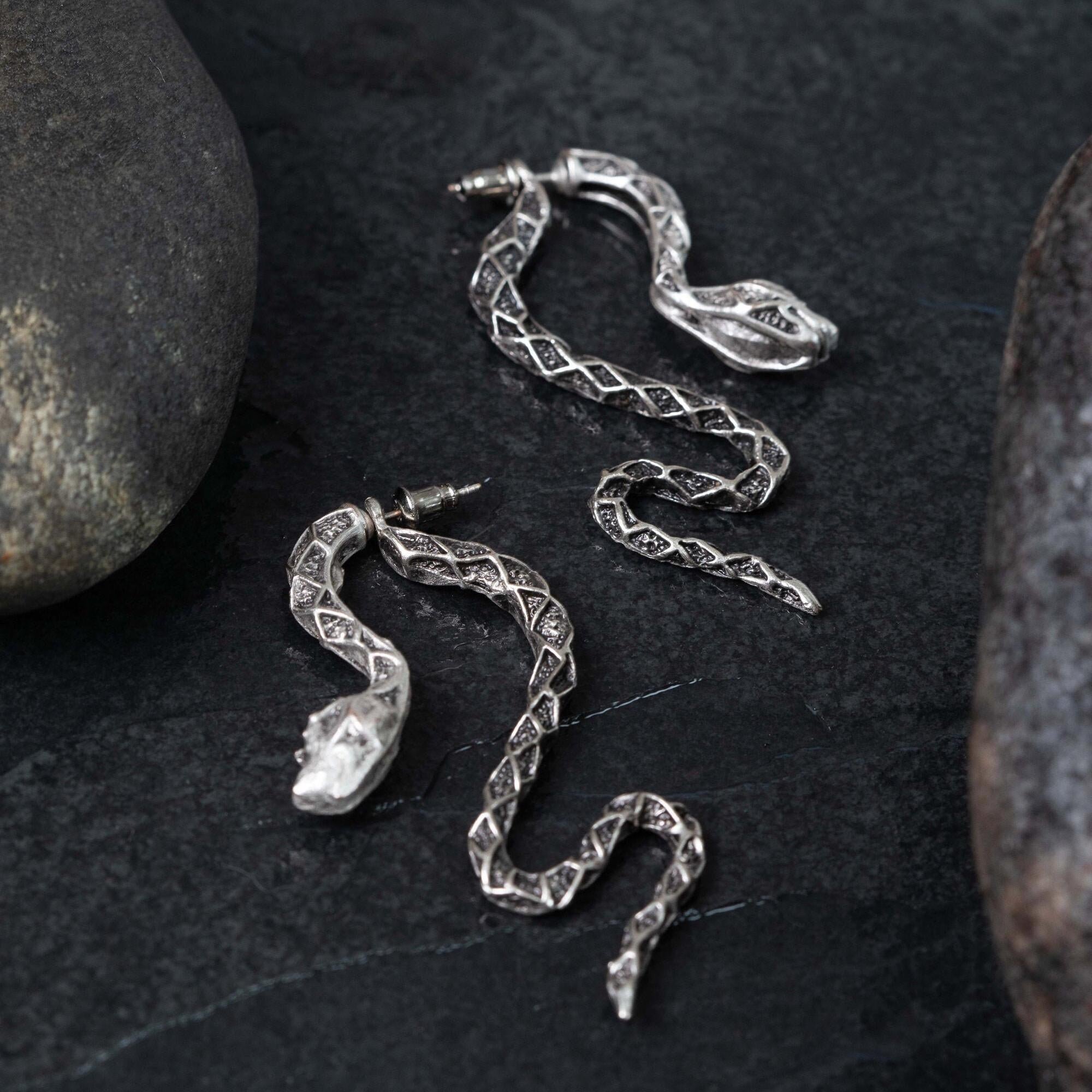 Snake ear climber earrings, gothic serpent front back studs grunge punk statement