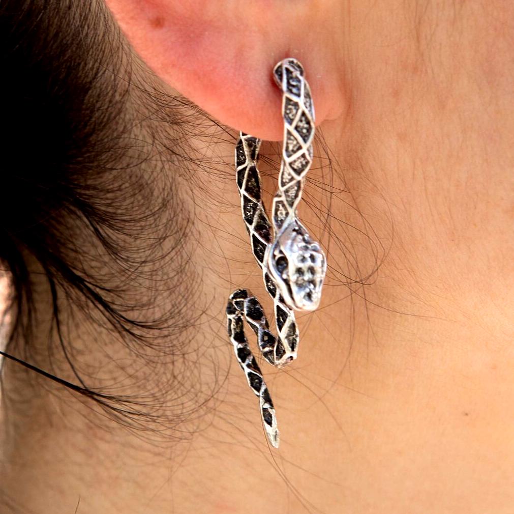 Snake ear climber earrings, gothic serpent front back studs grunge punk statement