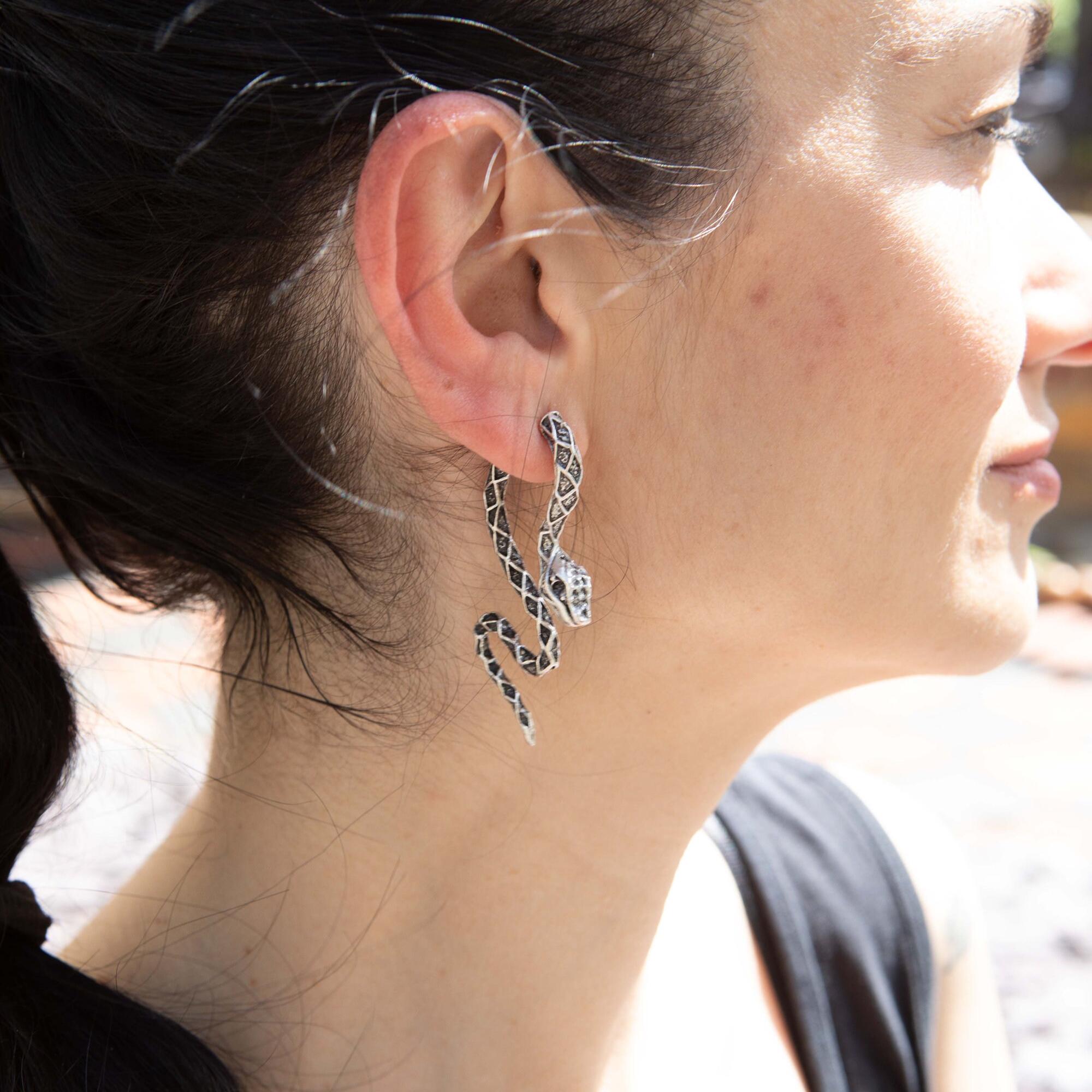 Snake ear climber earrings, gothic serpent front back studs grunge punk statement
