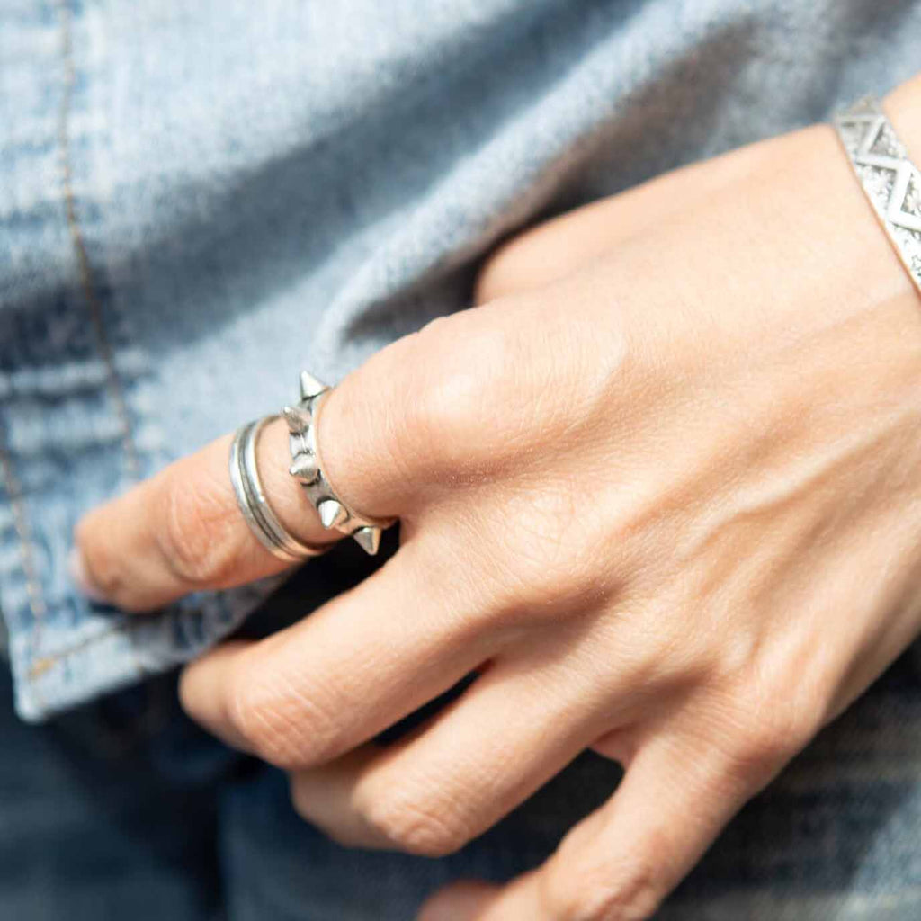 Silver ridged wide band ring, medieval warrior brutalist statement ring