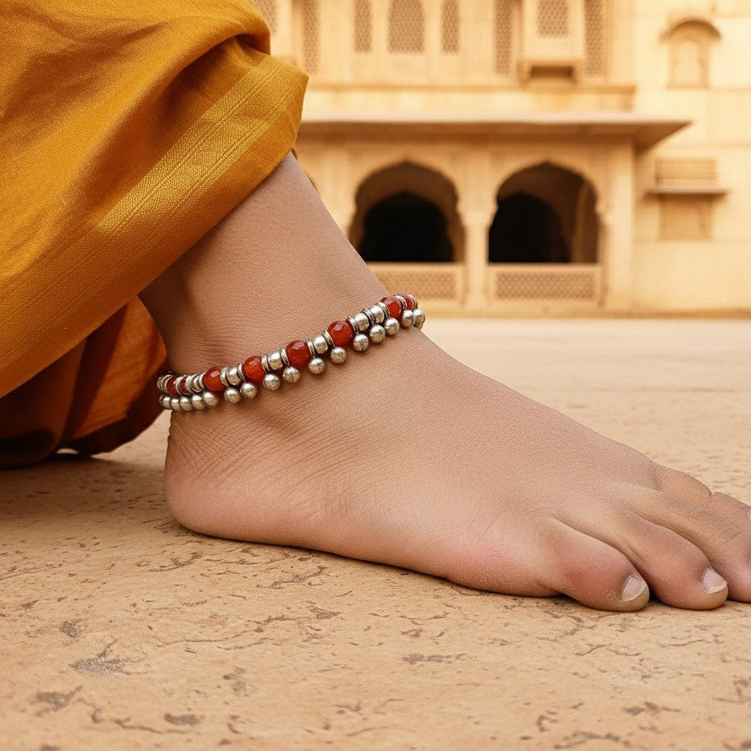 Red bead and silver charm anklet, boho beach foot jewellery