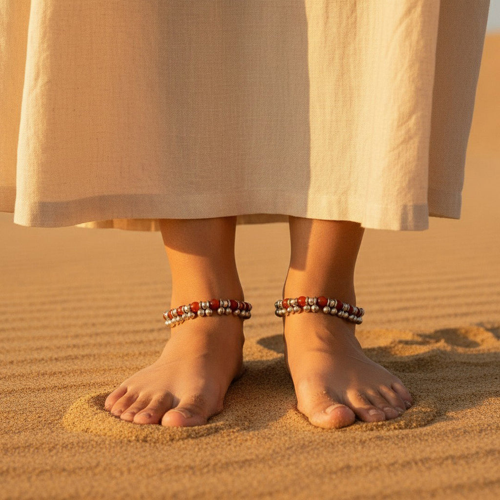 Red bead and silver charm anklet, boho beach foot jewellery