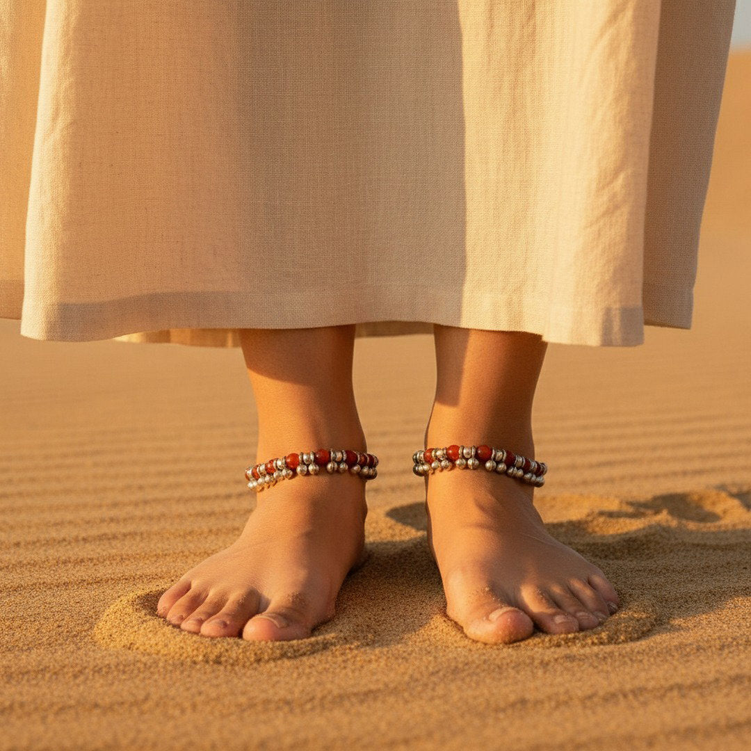 Red bead and silver charm anklet, boho beach foot jewellery