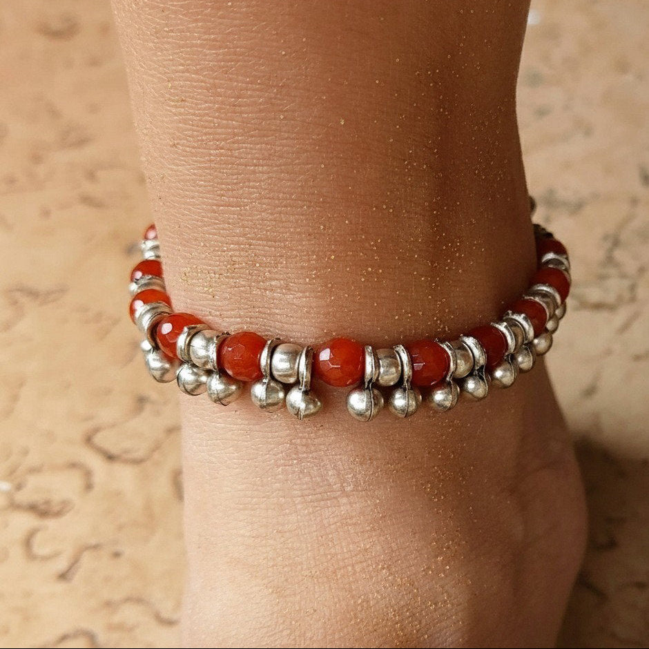 Red bead and silver charm anklet, boho beach foot jewellery