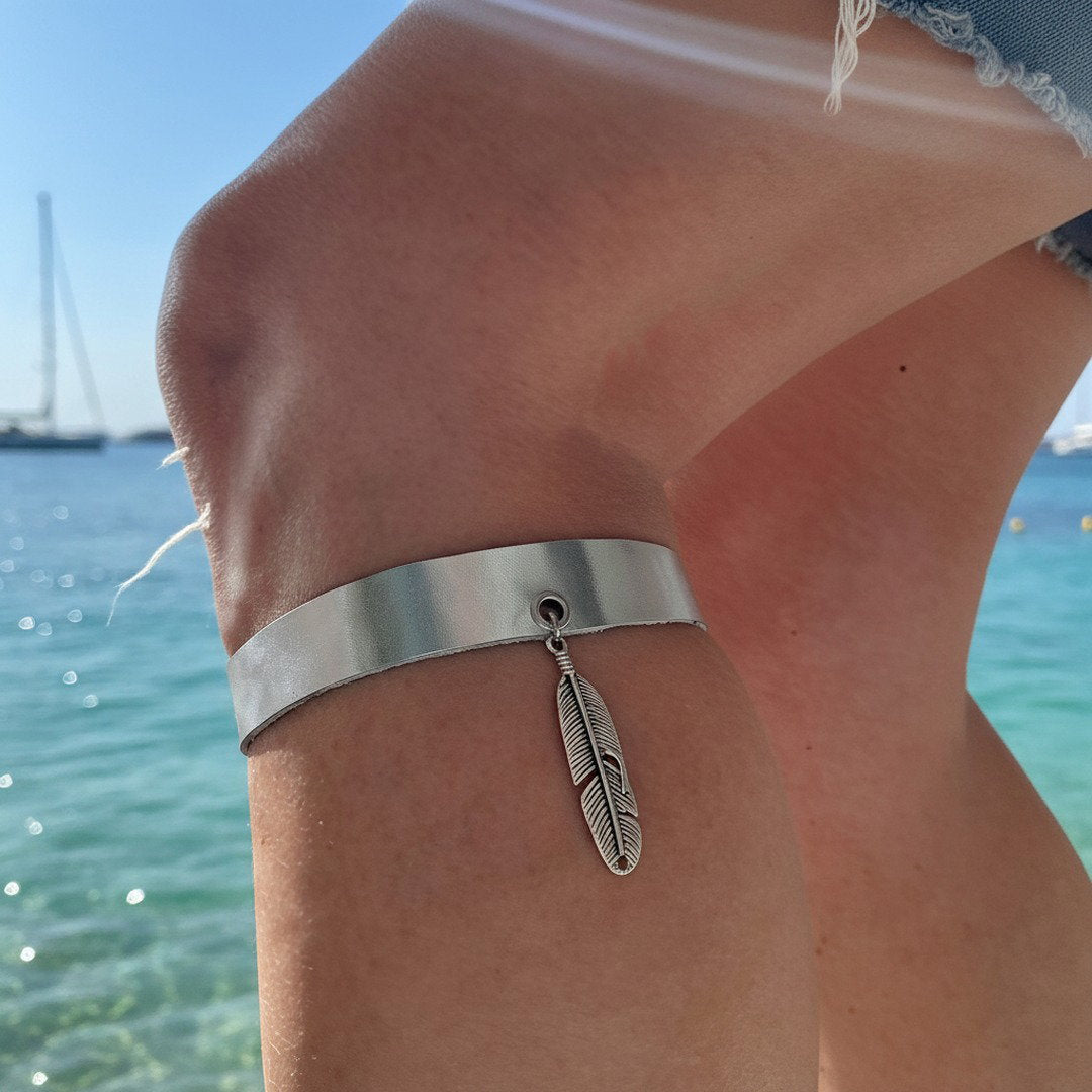Silver leather leg chain with feather charm, summer body jewellery