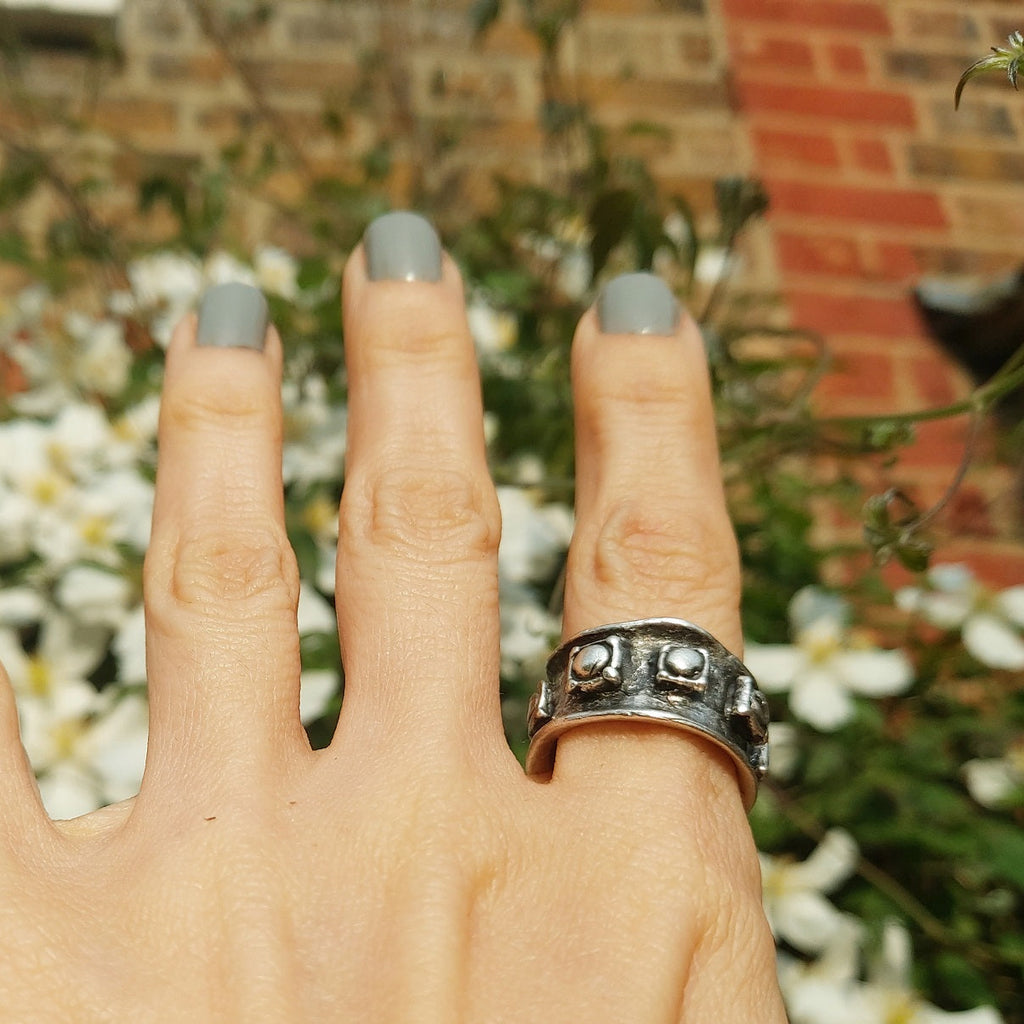 Silver shield ring, raw engraved medieval band adjustable chunky brutalist ring