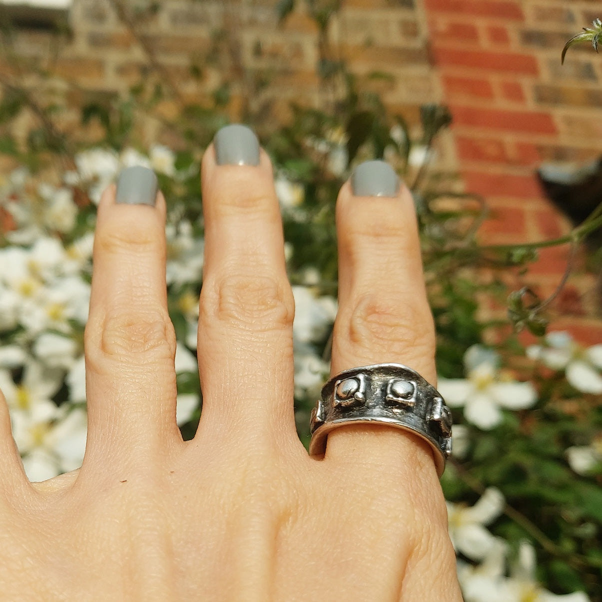 Silver shield ring, raw engraved medieval band adjustable chunky brutalist ring