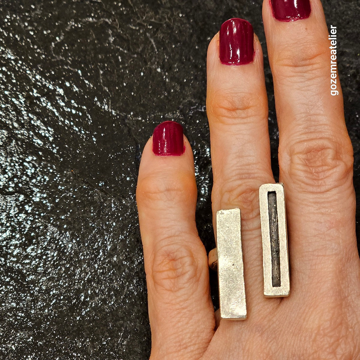 Brutalist double lines ring, adjustable modernist abstract sculptural silver