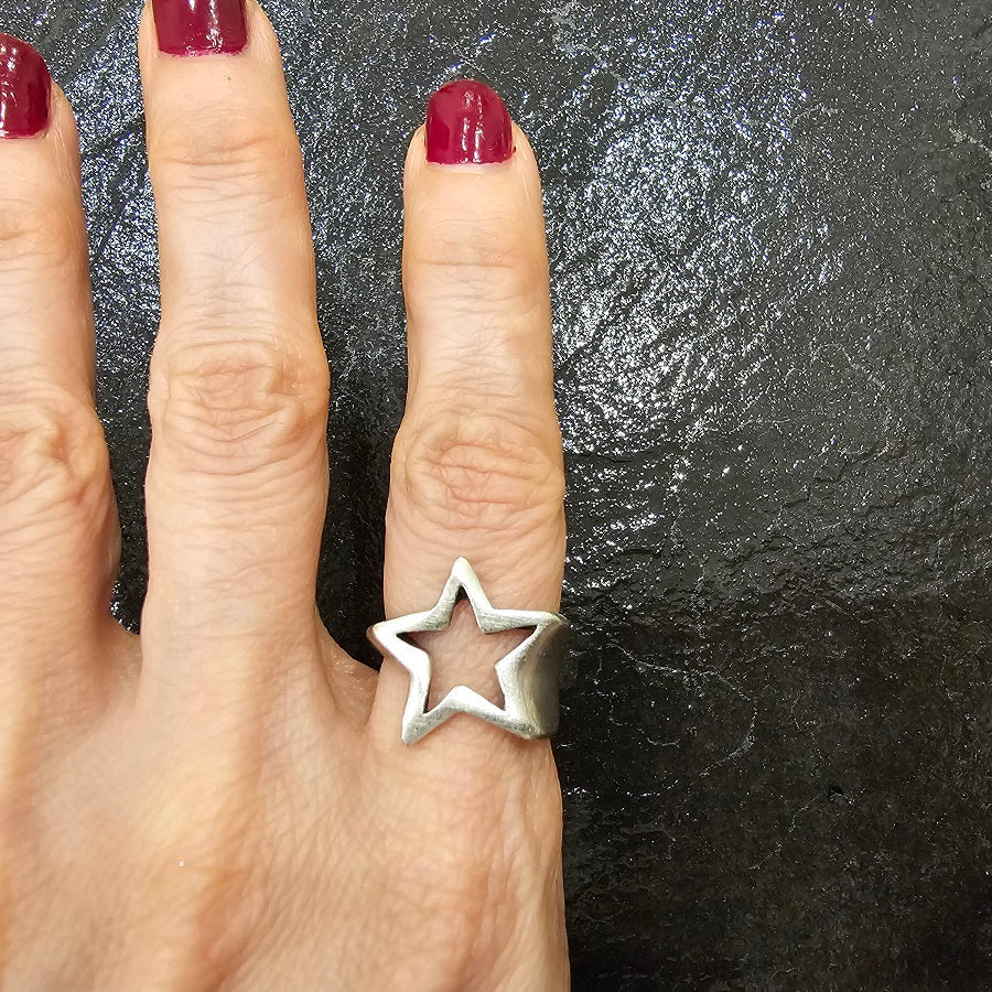 Star ring, chunky silver adjustable celestial boho statement ring